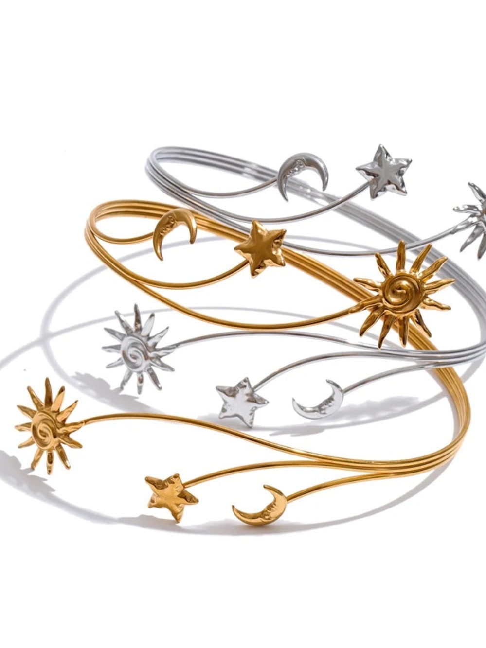 Silver Celestial Wrap Bracelet | Sun Moon Star Cuff | Stainless Steel - Picture 2 of 5